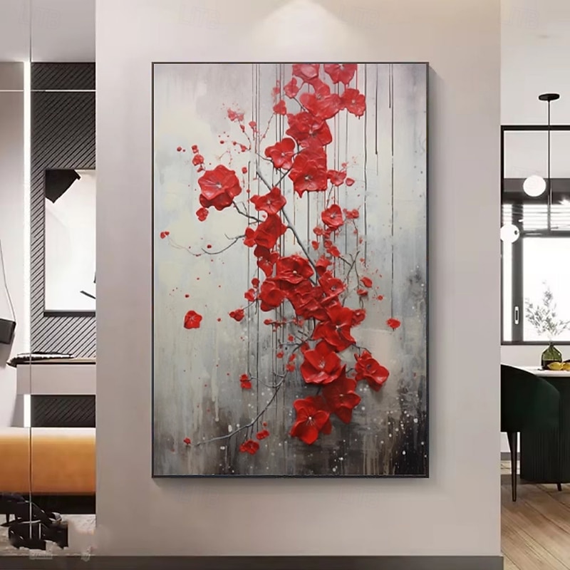 Handmade Oil Painting Canvas Wall Art Decoration Modern Abstract Red Flower for Home Decor Rolled Frameless Unstretched Painting