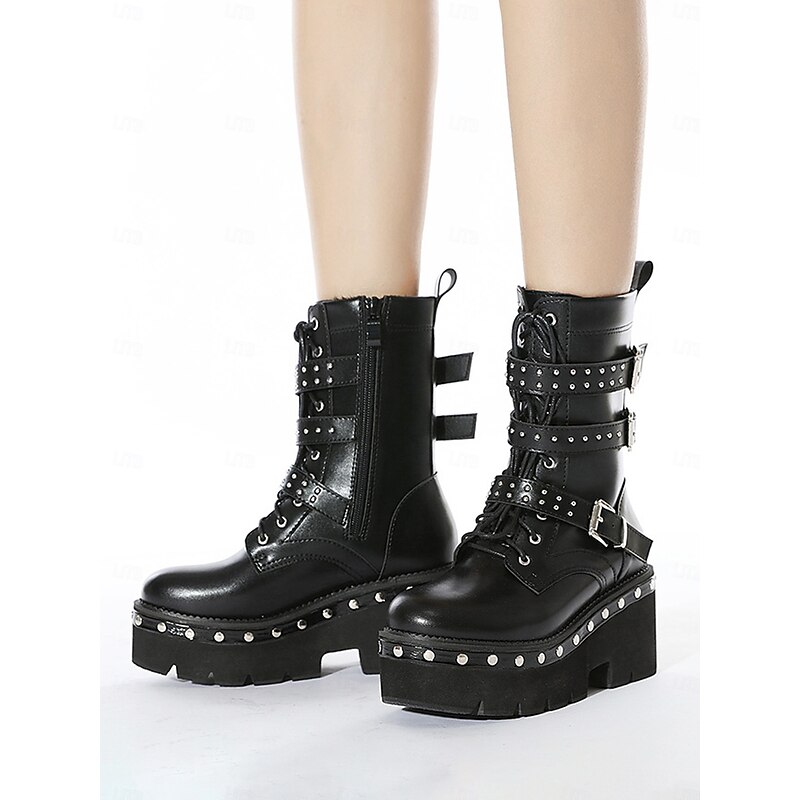 Women's Black Platform Combat Boots with Studded Buckle Straps, Punk Gothic Motorcycle Boots for Cosplay and Streetwear 16