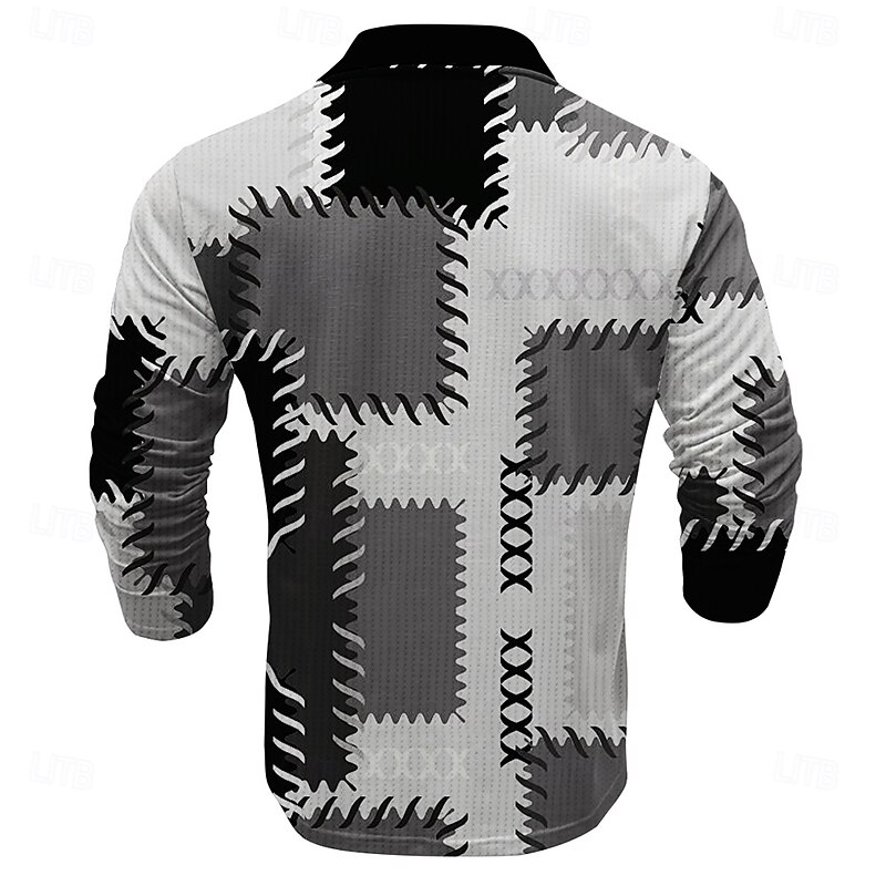 Men's Plaid Waffle Polo Shirts Golf Shirt Long Sleeve Polo Shirts Collared Shirts Vintage Casual Vacation Wear Formal Wear Festival Wear Buttons 3D Print Spring Fall Winter Black And White2