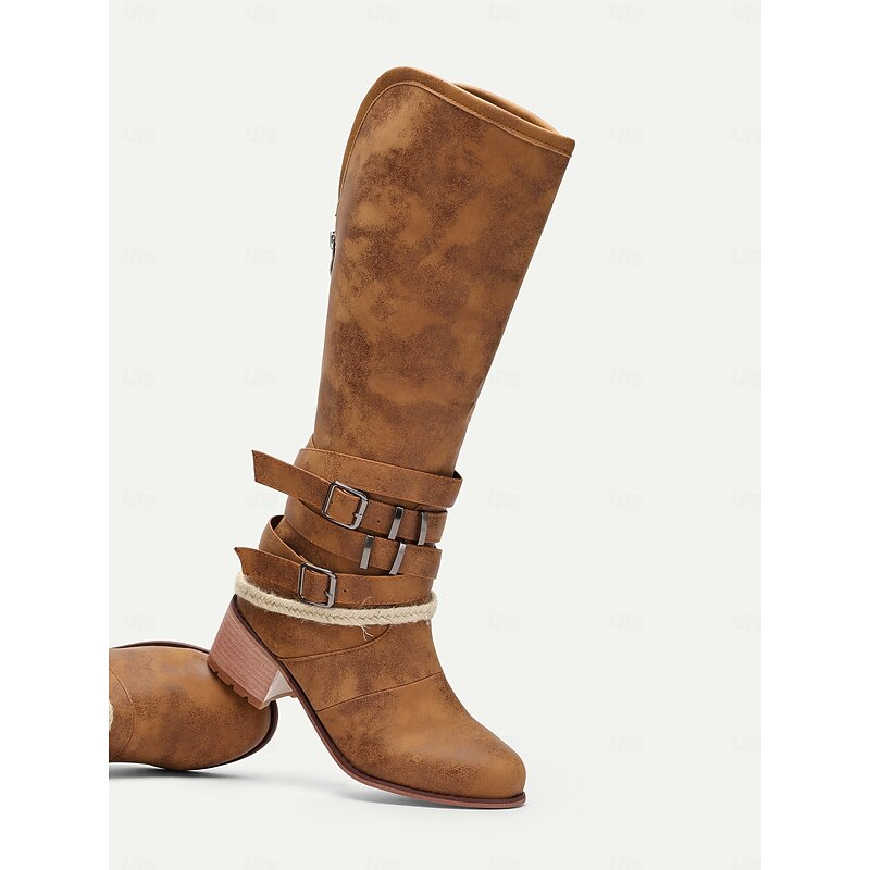 Rustic Brown Western Women's Boots with Buckle Straps and Rope Detailing - Vintage Style, Perfect for Casual Outings and Country Festivals2