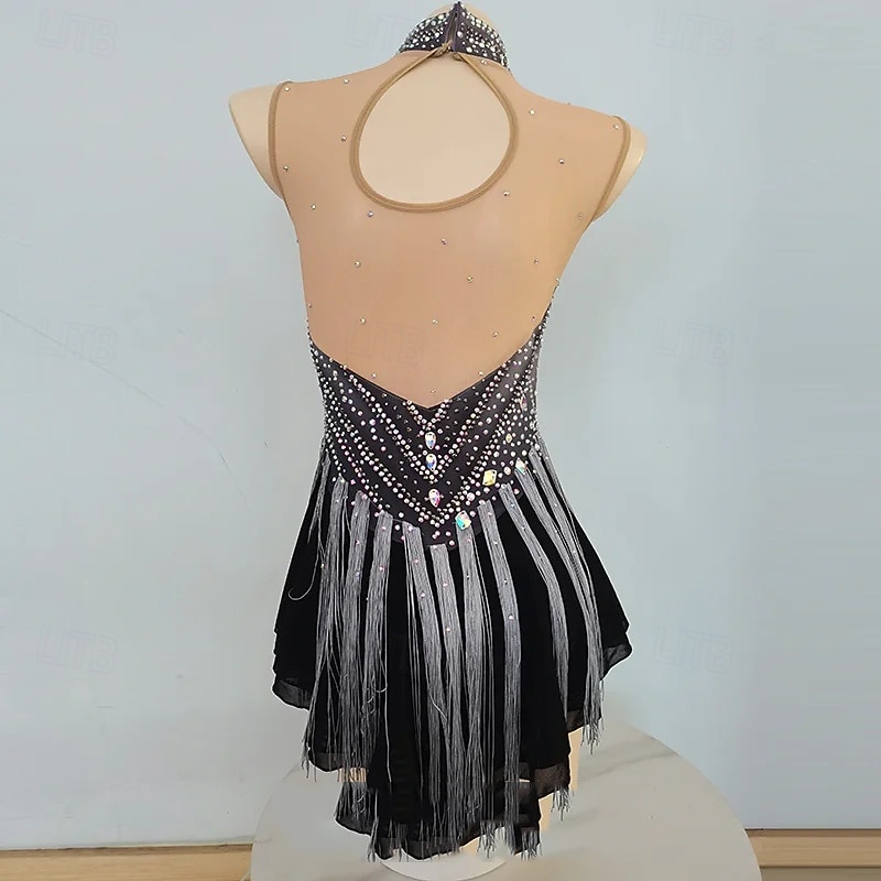 Figure Skating Dress Women's Girls' Ice Skating Dress Grey Patchwork Mesh High Elasticity Training Competition Skating Wear Classic Crystal / Rhinestone Long Sleeve Ice Skating Figure Skating3