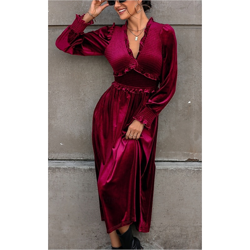 Women's Maxi Dress Velvet Burgundy Long Sleeve V-Neck Elastic Waist Bohemian Evening Party Fall Winter Clothing Apparel Elegant
