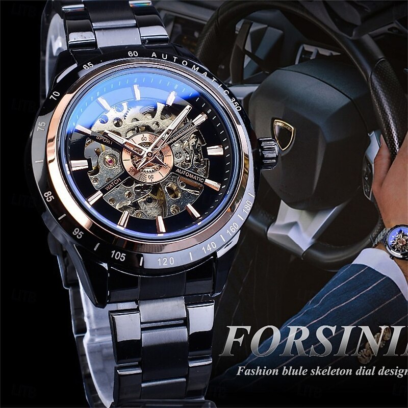 FORSINING Men Mechanical Watch Large Dial Sports Business Wristwatch Hollow Skeleton Automatic Self-winding Luminous Waterproof Stainless Steel Strap Watch