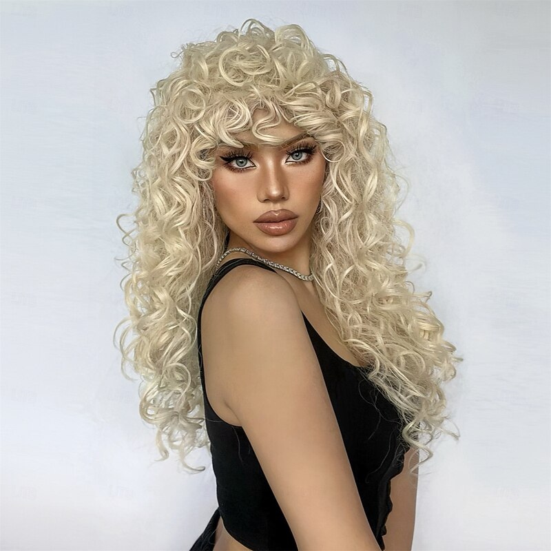 Synthetic Wig Uniforms Career Costumes Princess Curly Deep Curly Middle Part Layered Haircut With Bangs Machine Made Wig 26 inch Light golden Synthetic Hair Women's Cosplay Party Fashion Blonde2