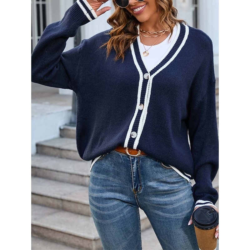 Women's Cardigan Fashion Streetwear Daily Color Block Open Front Knitted Long Sleeve Long Tops Knit Work White Navy Blue Fall Winter4