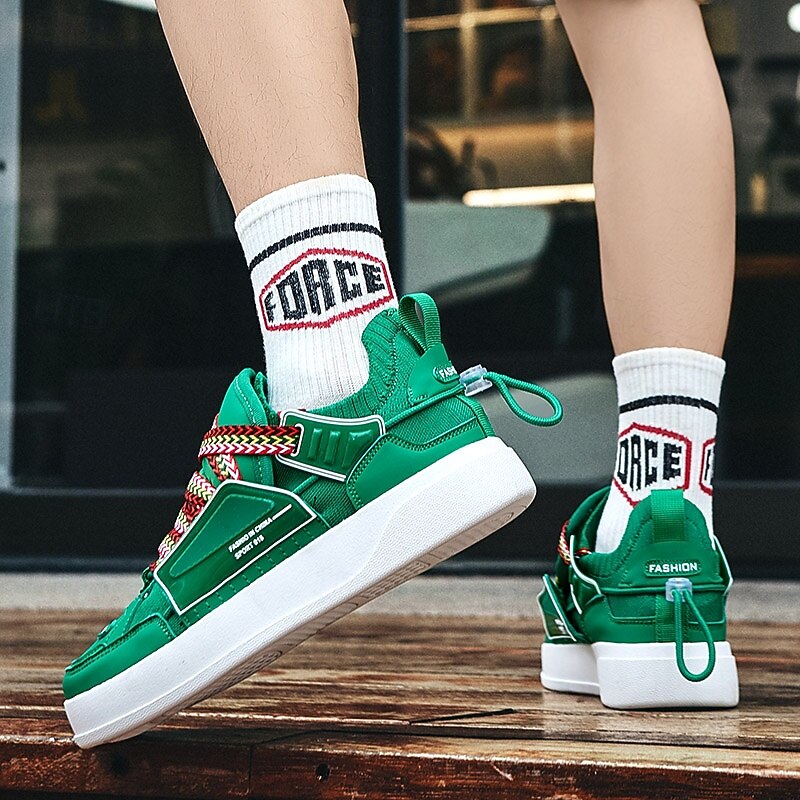 Men's Green High-Top Sneakers with Multicolor Laces and Velcro Strap – Stylish Casual Sport Shoes for Streetwear and Everyday Use 6