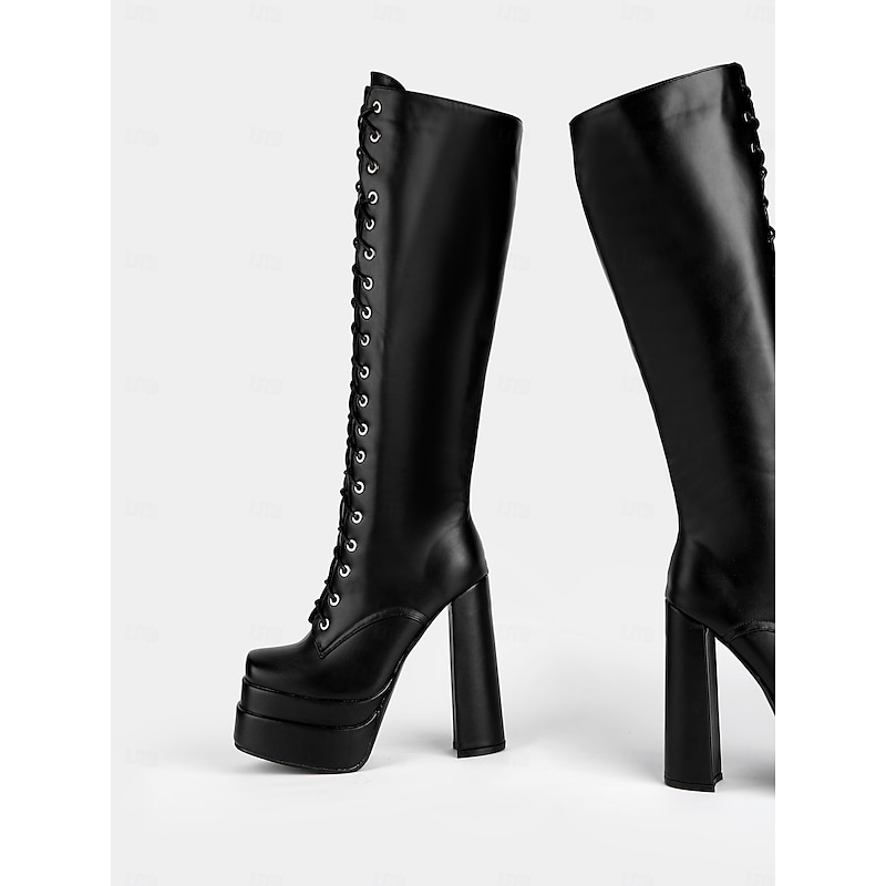 Women's Black Platform Knee-High Lace-Up Boots – Gothic Punk Style with Chunky Heel, Ideal for Halloween and Cosplay2