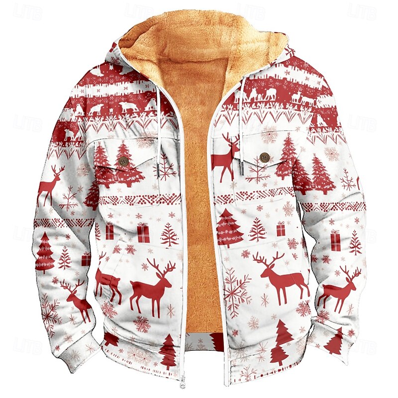 Christmas Men's Christmas animal 3D Hoodies Fleece Jacket Full Zip Fleece Sherpa Jacket Denim Blue Blue Yellow Camel Orange Hooded Tribal Graphic Prints Zipper Print Casual Daily Sports 3D Print