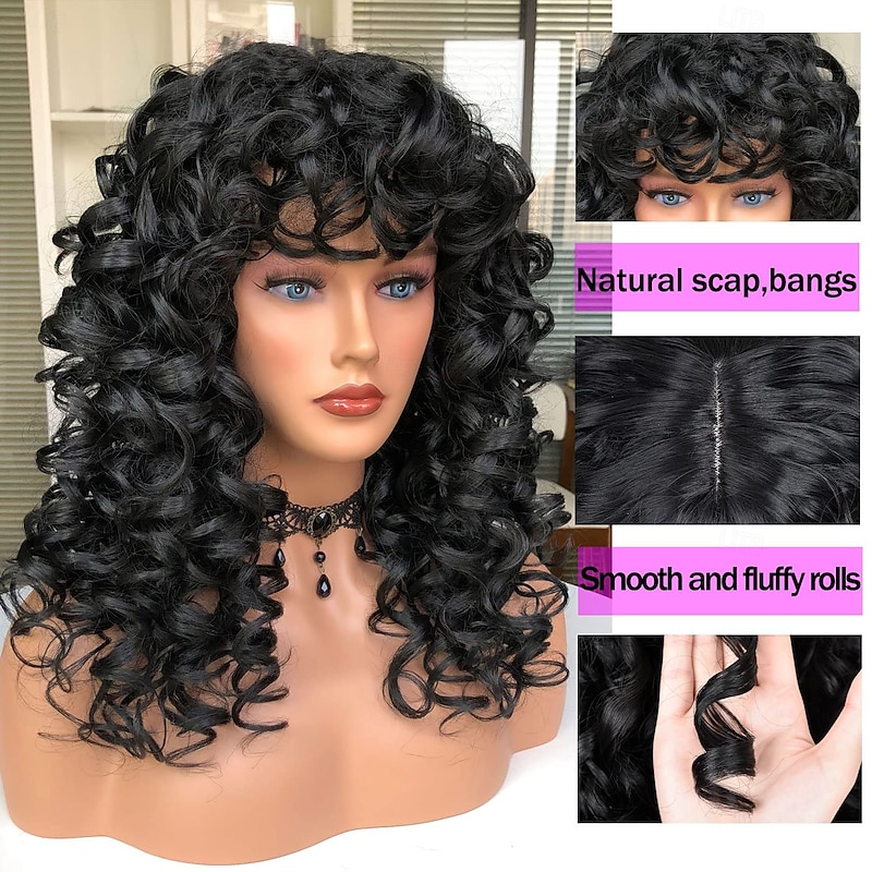 Curly Wig with Bangs for Black Women Kinky Long Curly Wig Synthetic Hair Daily Use Cosplay4