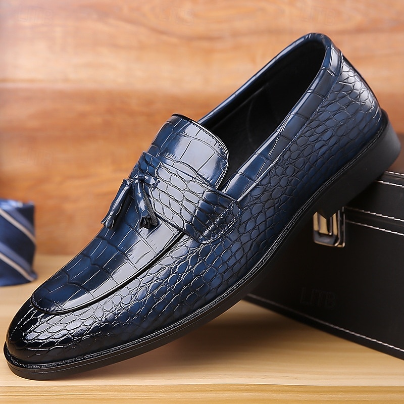 Men's Luxury Crocodile Embossed Leather Loafers with Tassel Detail - Elegant Slip-On Shoes for Business and Formal Wear4