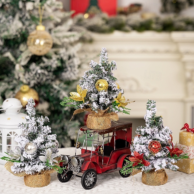 Mini Christmas Tree Figurine, Realistic Snow-Topped Desktop Ornament, Festive Home Decor for Holiday Atmosphere, Small Xmas Tree Decoration