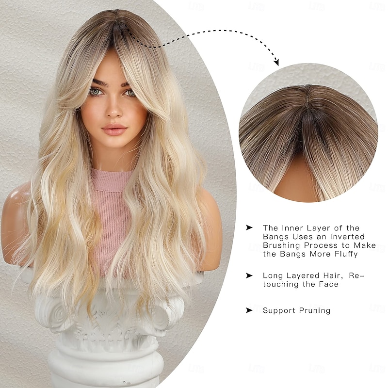 Long Ombre Blonde Wig with Bangs for Women Natural Layered Wavy Wigs Brown Roots Heat Resistant Synthetic Fiber High Density Curly Hair for Daily Party Holiday Dating Use3