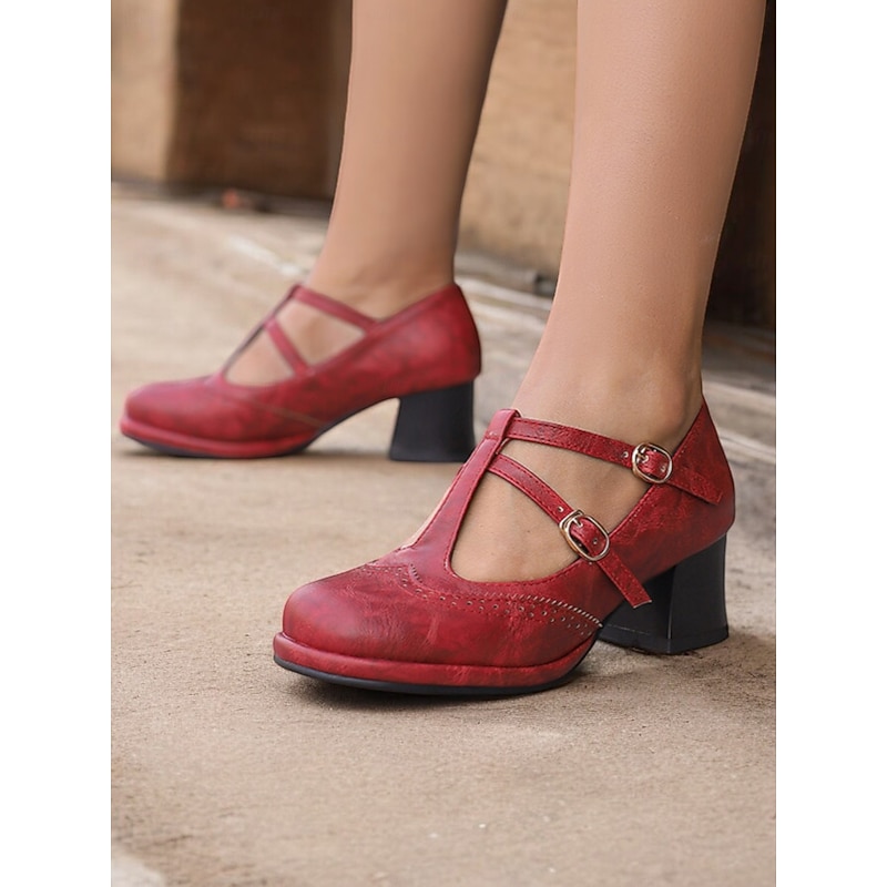 Women's Vintage Red Mary Jane Heels – Double Buckle Strap, Retro Block Heel, Perfect for Formal and Casual Occasions4