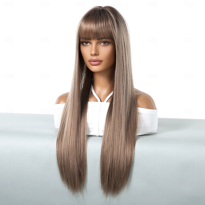Synthetic Wig Uniforms Career Costumes Princess Straight kinky Straight Middle Part Layered Haircut With Bangs Machine Made Wig 26 inch Rose Gold Synthetic Hair Women's Cosplay Party Fashion Light4