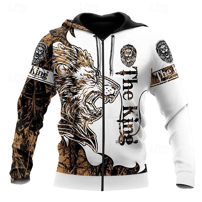 Men's Lion Graphic Prints Hoodie Hoodies Sweatshirt Streetwear Casual Long Sleeve Hooded Sports & Outdoor Daily Sports Yellow / Black Black & Yellow Zipper Print Spring &  Fall Designer4