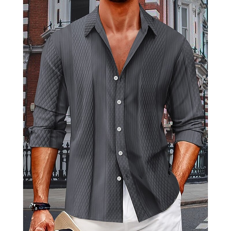 Men's Shirt Summer Shirt Button Up Shirt Casual Shirt Beach Shirt Black Navy Blue Blue Green Beige Long Sleeve Plain Lapel Hawaiian Holiday Jacquard Clothing Apparel Fashion Casual Comfortable4