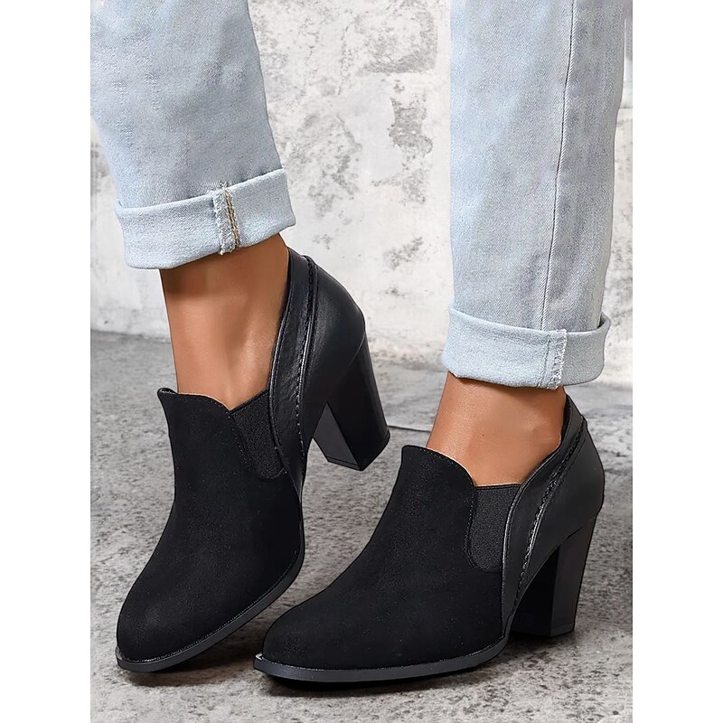 Women's Black Faux Suede Block Heel Slip-On Ankle Shoes – Comfortable and Stylish Office Pumps2
