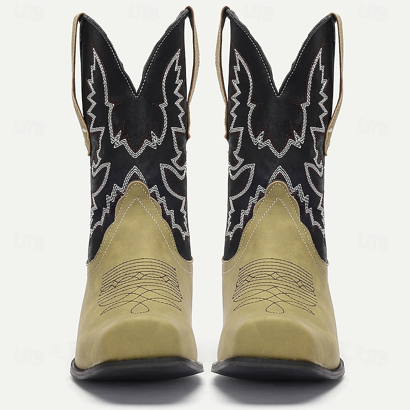 Men's Green and Black Faux Suede Western Cowboy Boots with Embroidered Design - Classic Vintage-Style Boots for Rodeo and Outdoor Wear2