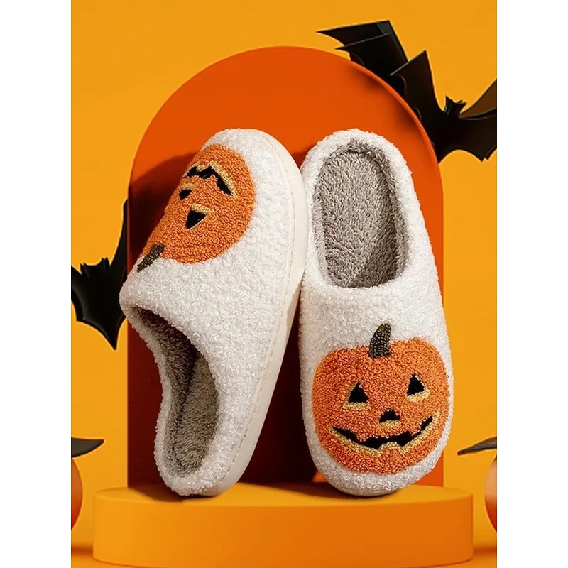 Halloween-Themed Cozy Fleece Slippers for Women with Pumpkin and Skull Patterns – Fun Indoor Footwear for Fall and Halloween Parties2