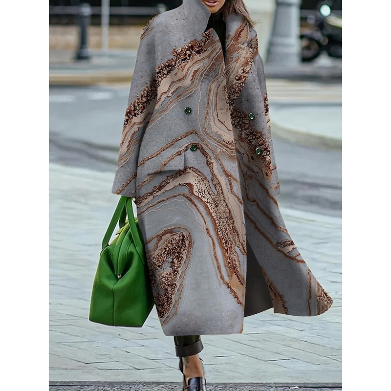 Women's Winter Coat Coat Cloak / Capes Windproof Warm Work Street Daily Wear Vacation Pocket Single Breasted Turndown Casual Street Style Color Marble Gradient Loose Fit Outerwear Fall Winter