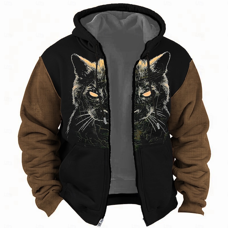 Christmas Men's Cat Hoodie Hoodies Sweatshirt Fashion Daily Long Sleeve Hooded Holiday Travel Yellow Blue Drawstring Zipper Pocket Fall Winter Designer3