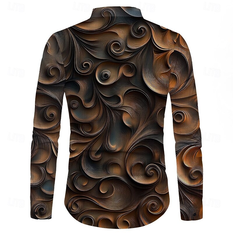 Men's 3D Print Geometric Pattern Dress Shirt Button Up Shirt Long Sleeve Casual Vacation Daily Summer Spring & Fall Grandad Collar Band Collar 3D Print Dark Brown2