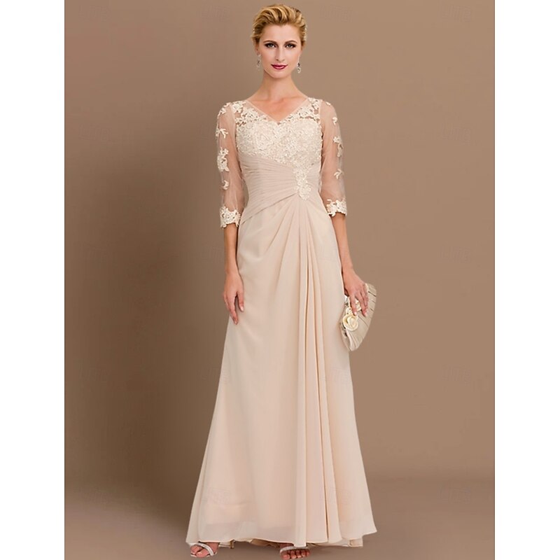 Beach Wedding A-Line Mother of the Bride Dress Wedding Guest Elegant Plus Size See Through V Neck Floor Length Chiffon Half Sleeve with Appliques Side Draping