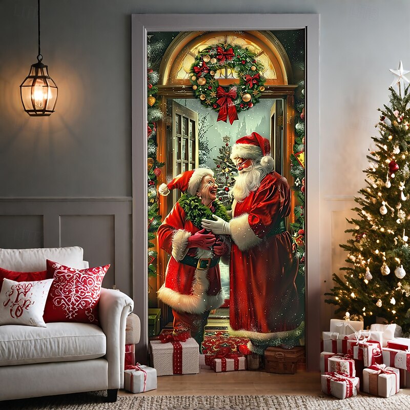 Christmas Door Decorations Door Covers Santa Couple Door Tapestry Door Curtain Decoration Backdrop Door Banner for Front Door Farmhouse Holiday Party Decor Supplies Gift Indoor/Outdoor4
