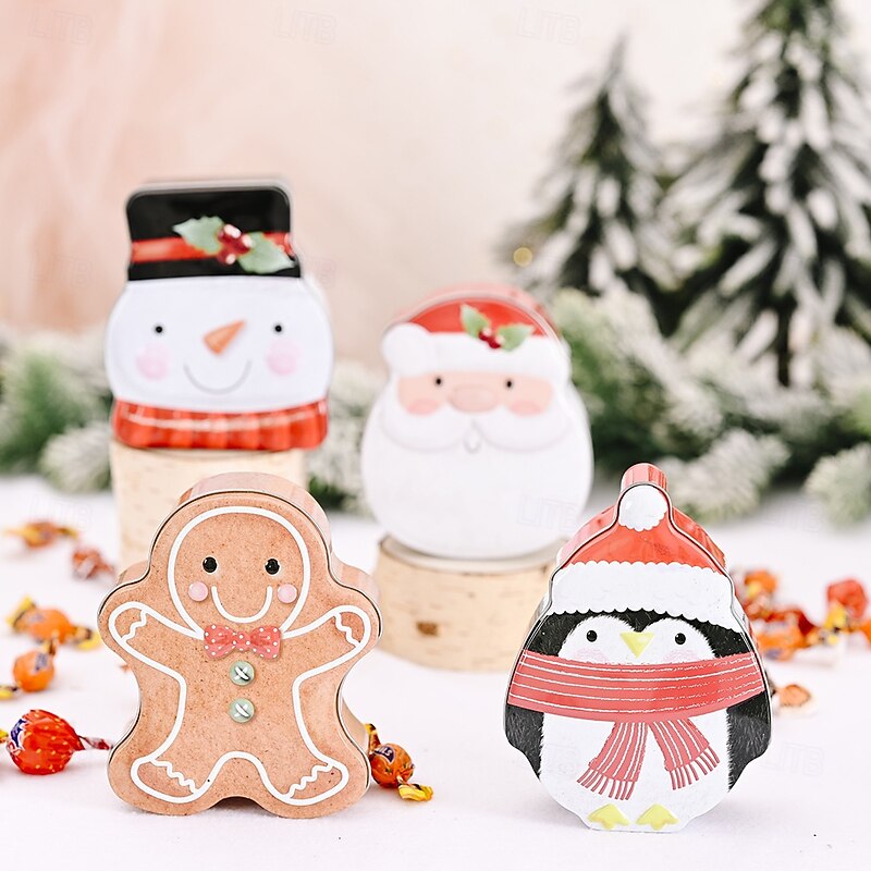 Christmas Tin Box Decorations, Cartoon Metal Tin Containers, Creative Santa and Snowman Small Gift Boxes, Festive Holiday Gift Holders