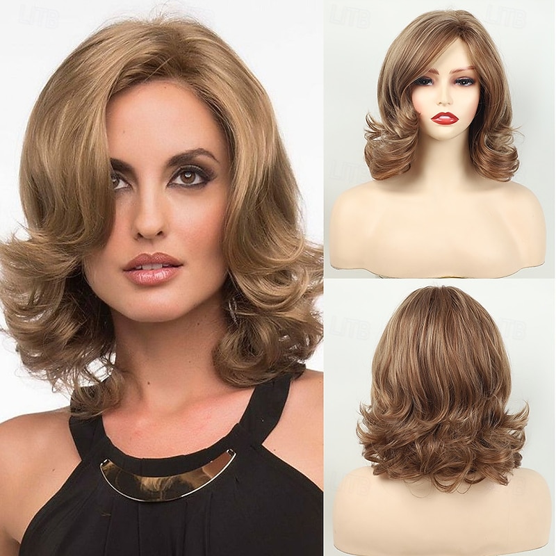 Curly Brown Wig Wavy Wig Layered Curly Wig for White Women Natural Wavy Women Synthetic Wig Ombre  Medium Length Wig