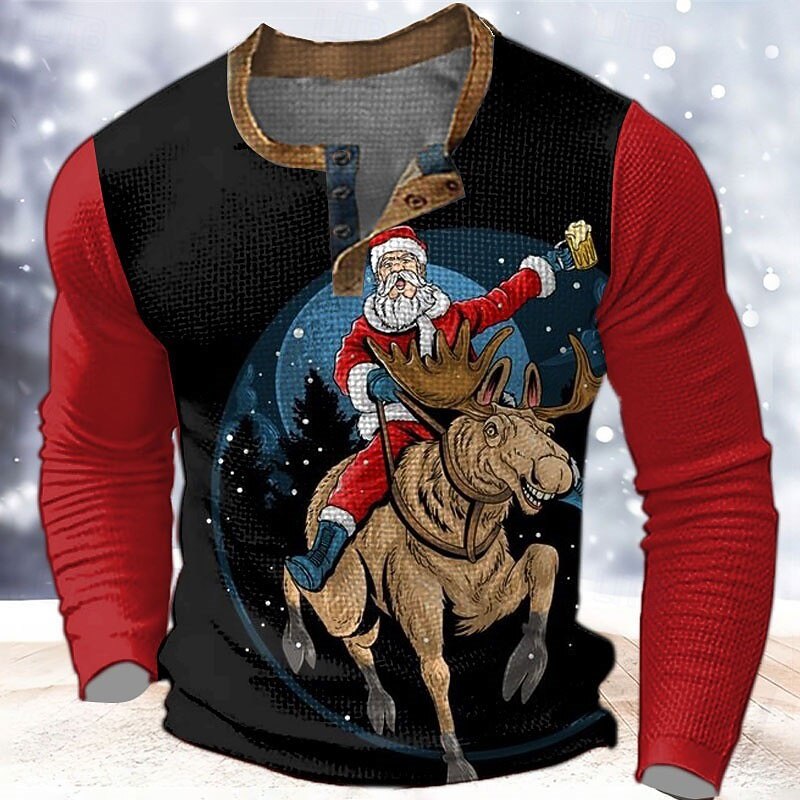 Christmas Men's Santa Claus Henley T Shirt Graphic Santa Claus  Fashion Designer Casual 3D Print Henley Waffle Sports Outdoor Holiday Festival Black Burgundy Red & White Long Sleeve Henley3