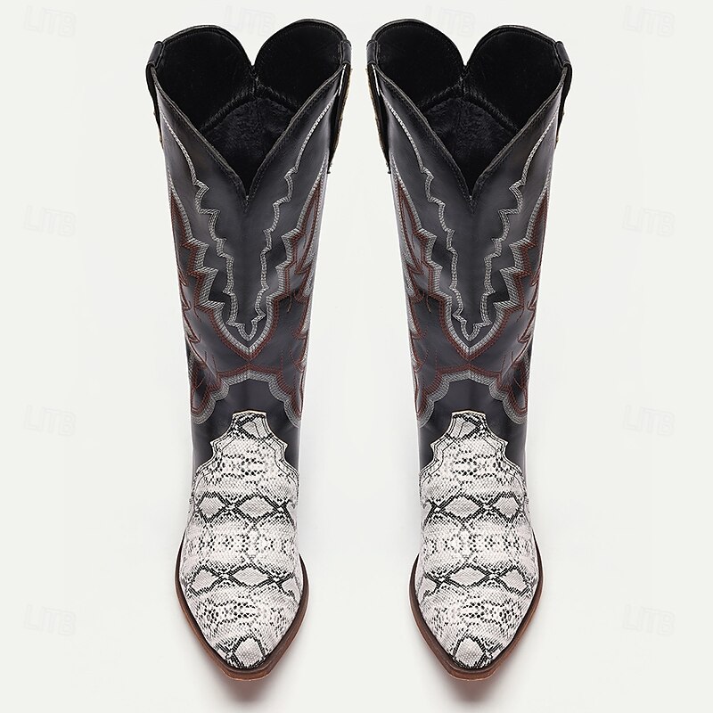 Men's Western Cowboy Boots – Black Faux Leather with Snake Print Accents, Embroidered Details, and Stacked Heel, Perfect for Rodeo, Country Events, and Casual Wear3