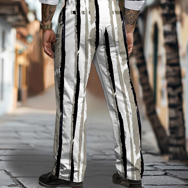 Men's Geometric Striped Dress Pants Mid Waist Business Casual Formal Dailywear Zipper Pocket Straight Leg Trousers Summer Spring Fall 3D Print Black2