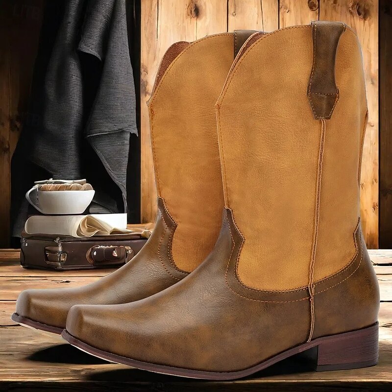 Men's Western Cowboy Boots – Vintage Style Tan Faux Leather Mid-Calf Boots with Square Toe, Ideal for Outdoor and Casual Wear