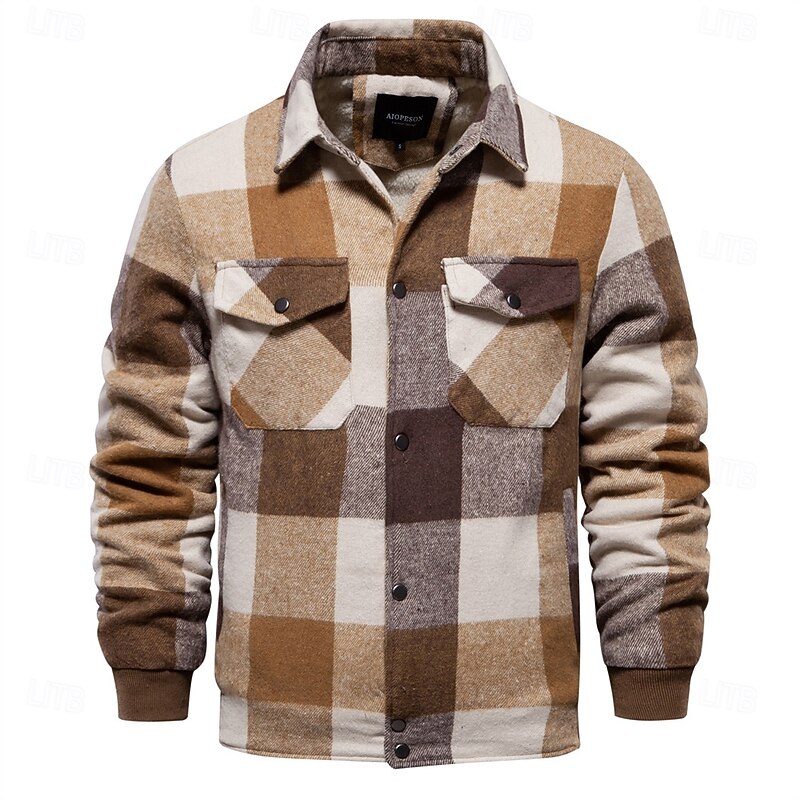 Men's Shirt Jacket Casual Jacket Flannel Fleece Jacket Casual Daily Sexy Fall & Winter Color Block Plaid / Striped / Chevron / Round Casual Lapel Regular Black Royal Blue Khaki Jacket2