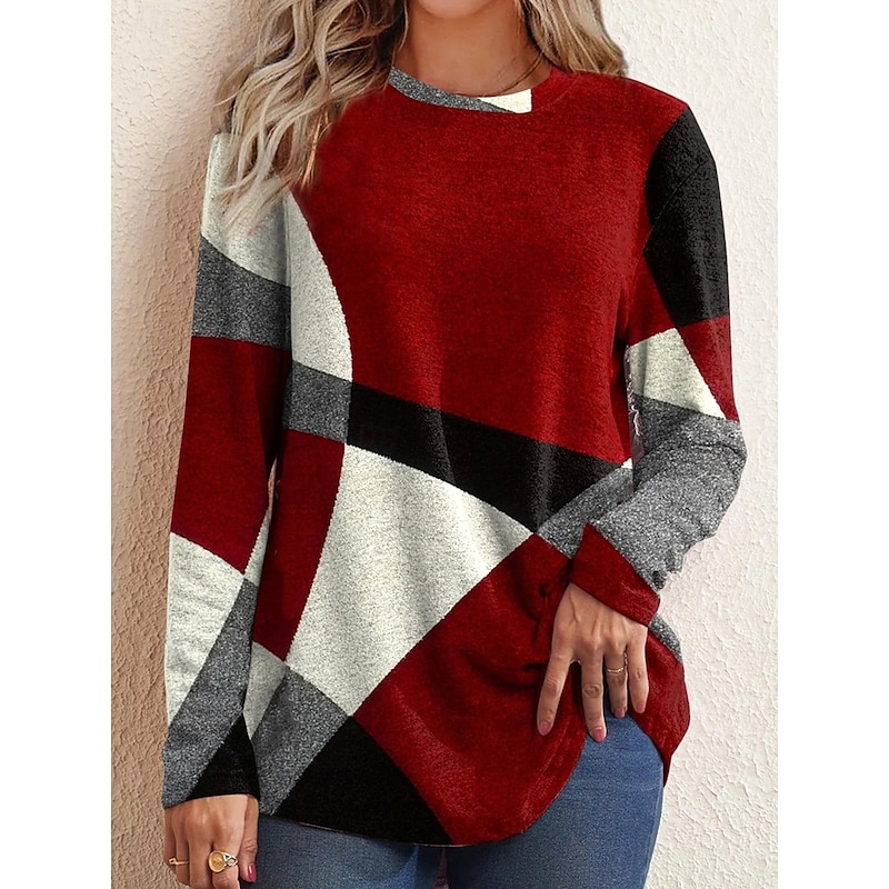 Women's T shirt Long Sleeve Crew Neck Long Sleeve Tunic Argyle Pattern Cozy Plush Pullover Red Black Gray White Round Neck Casual Elegant Warm Autumn Winter Clothing Apparel Prefall