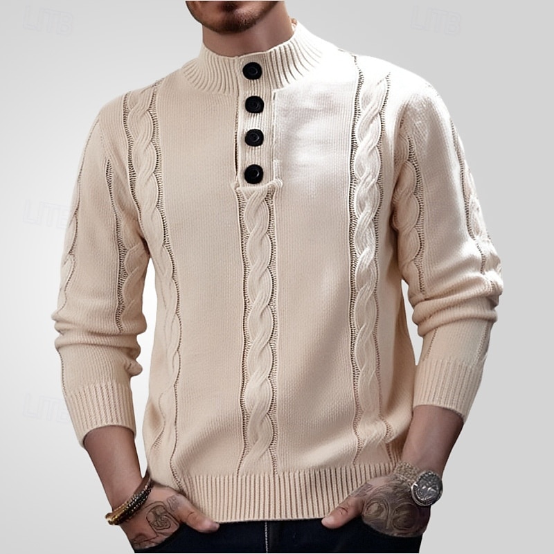 Men's Pullover Sweater Jumper Knit Sweater Ribbed Knit Regular Button Knitted Plain Stand Collar Fashion Basic Daily Wear Date Clothing Apparel Fall & Winter Khaki M L XL