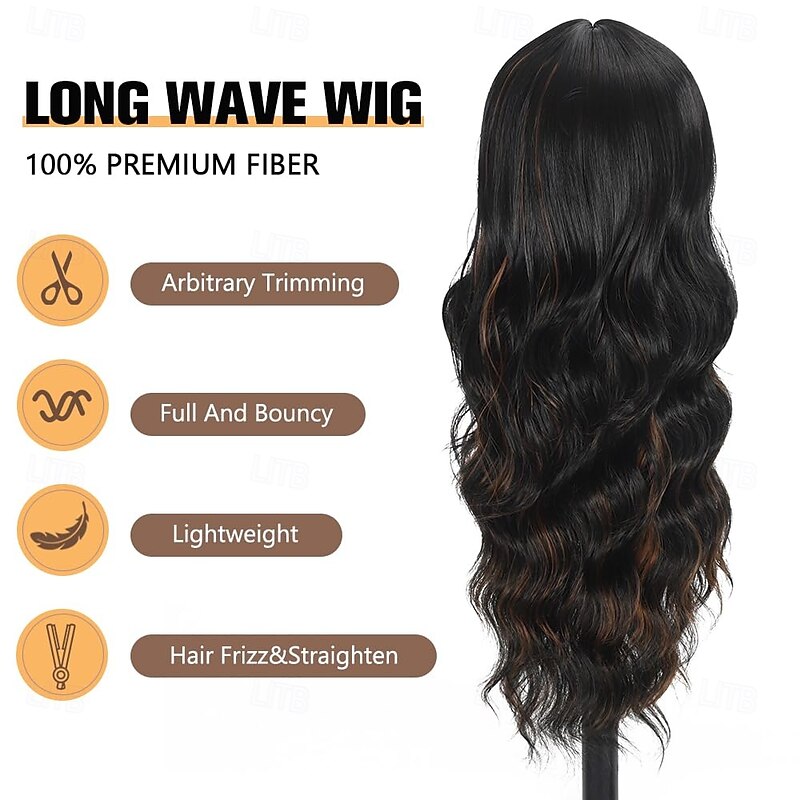 Wig with Bangs Long Wavy Wig for Women Synthetic Curly Wigs Hair Replacement Wigs for Girls Daily Party Use 26 Inches4