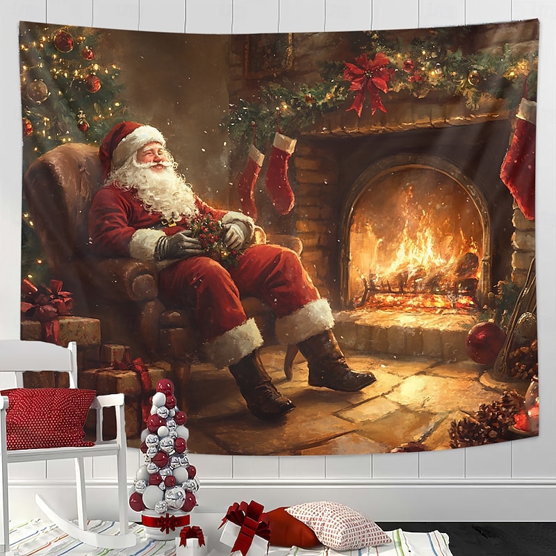 Christmas Decorations Hanging Tapestry Wall Art Xmas Santa Fireplace Large Tapestry Mural Decor Photograph Backdrop Blanket Curtain Home Bedroom Living Room2