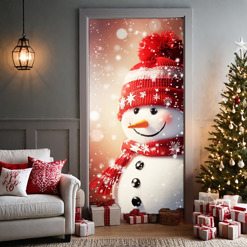 Christmas Door Decorations Stained Glass Door Covers Xmas Snowman Door Tapestry Door Curtain Decoration Backdrop Door Banner for Front Door Farmhouse Holiday Party Decor Supplies Indoor/Outdoor4