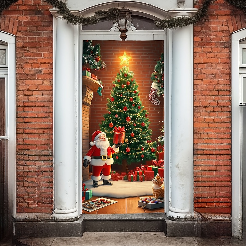 Christmas Door Decorations Door Covers Fireplace Xmas Door Tapestry Door Curtain Decoration Backdrop Indoor/Outdoor Door Banner for Front Door Farmhouse 10
