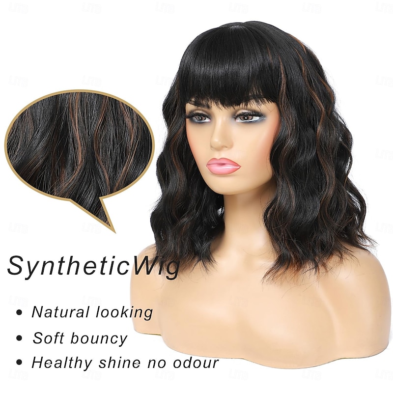 Short Bob Wig with Bangs for Women Natural Looking Heat Resistant Synthetic Fiber Curly Wavy Bob Wigs for Daily Party Use2