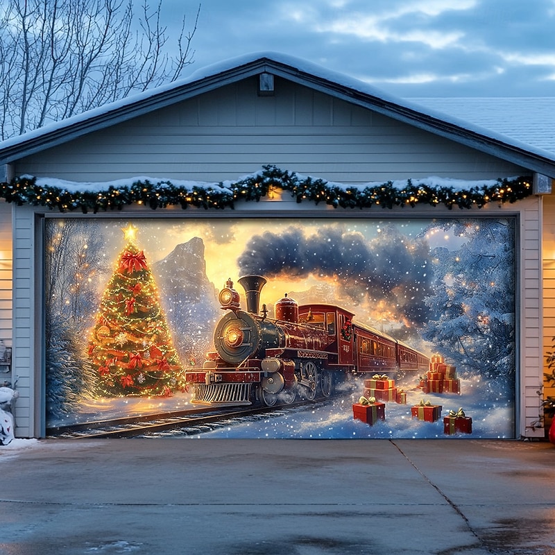 Christmas Outdoor Garage Door Cover Xmas Banner Train Tree Large Christmas Backdrop Decoration for Holiday Outdoor Garage Door Home Wall Decorations3