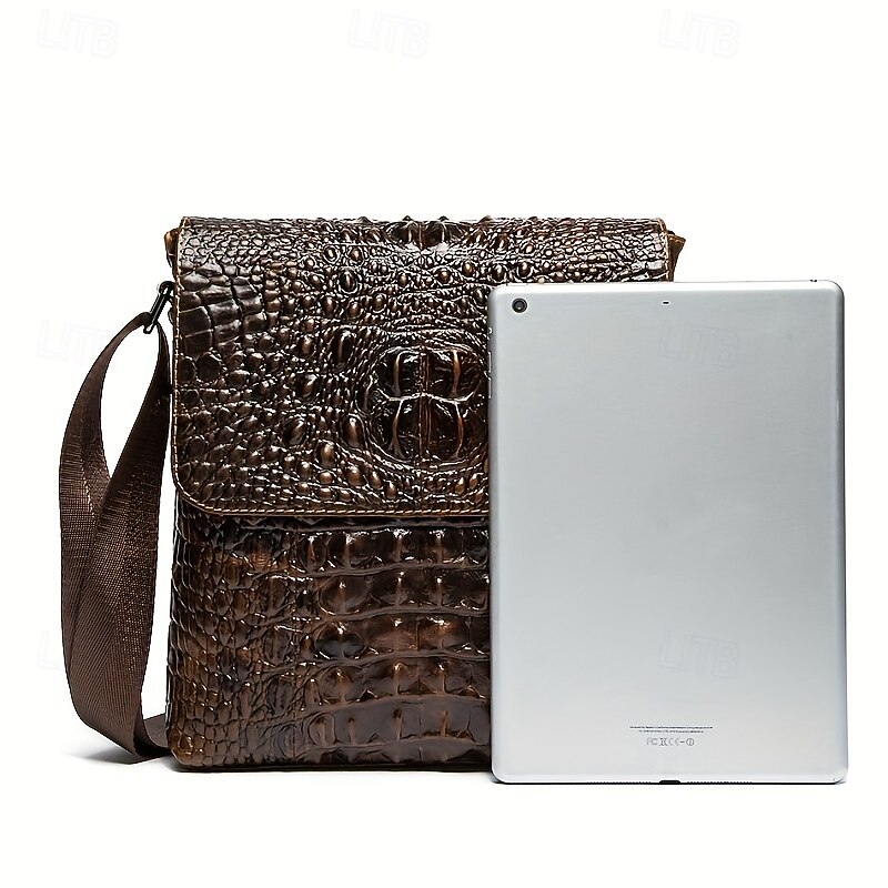 Men's Brown Crocodile Pattern Crossbody Bag, Stylish Leather Shoulder Messenger Bag for Daily Use and Casual Occasions4