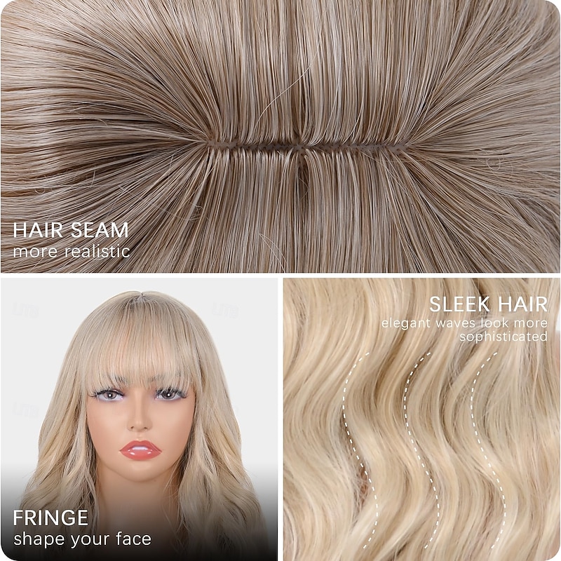 Wig with Bangs for Women Long Blonde Wavy Curly Wig Heat Resistant Synthetic Wig for Girls Daily Use Party Halloween Cosplay Wig3