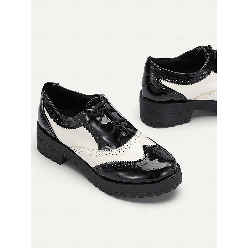 Women's Black and White Brogue Oxford Shoes – Patent Faux Leather Lace-Up, Chunky Sole, Vintage Style for Formal and Casual Wear4
