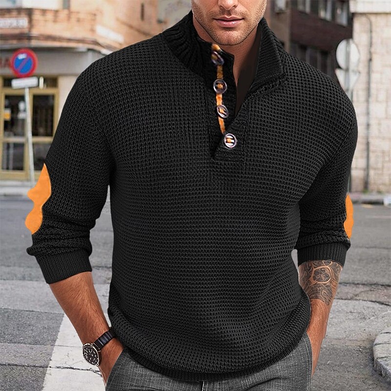 Men's Pullover Sweater Jumper Cable Knit Sweater Patch Sweater Ribbed Knit Regular Knitted Plain Stand Collar Vintage Keep Warm Daily Wear Going out Clothing Apparel Fall Winter Black Royal Blue M L 8