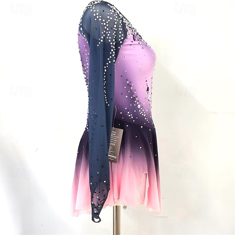Figure Skating Dress Women's Girls' Ice Skating Dress Purple Patchwork Mesh High Elasticity Training Competition Skating Wear Classic Crystal / Rhinestone Long Sleeve Ice Skating Figure Skating2