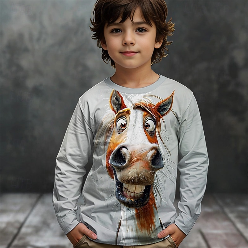 Boys' 3D Graphic Animal Horse T shirt Tee Long Sleeve Spring Fall Fashion Basic Kids 4-12 Years Crew Neck Outdoor Casual Daily Regular Fit