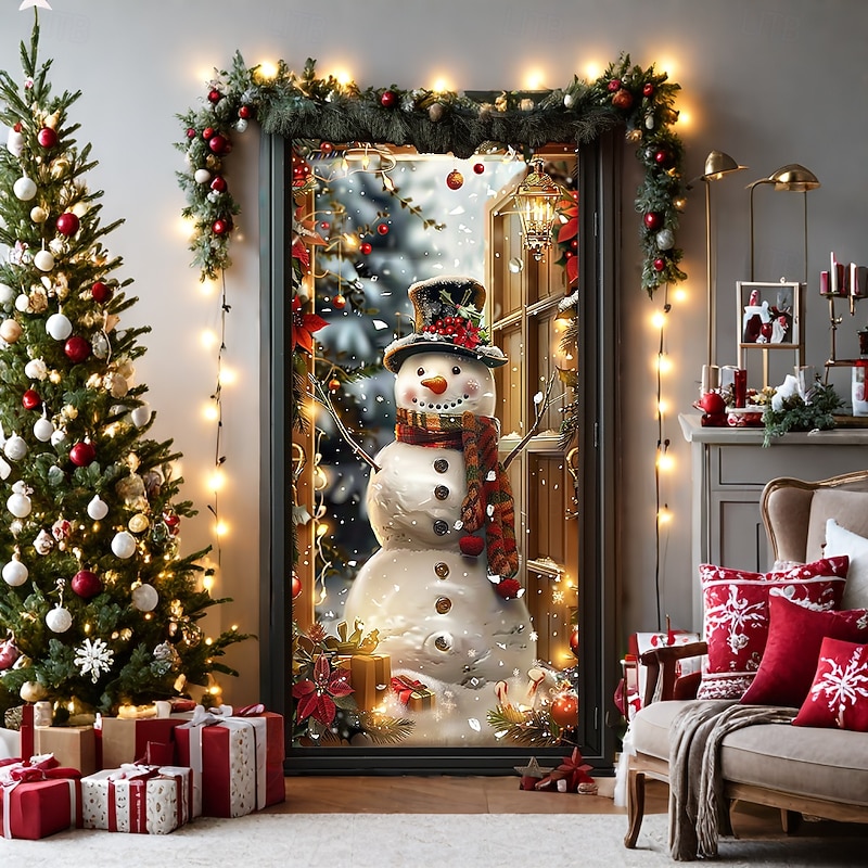 Christmas Door Decorations Door Covers Xmas Snowman Lantern Door Tapestry Door Curtain Decoration Backdrop Door Banner for Front Door Farmhouse Holiday Party Decor Supplies Indoor/Outdoor4